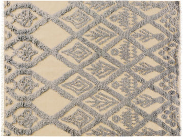 handmade Modern Moroccan Hi Ivory Blue Hand Knotted RECTANGLE 100% WOOL area rug 5x7